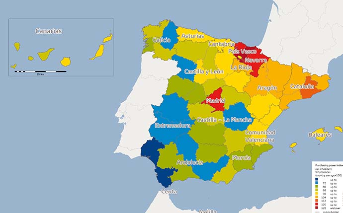 El mapa español del poder adquisitivo: del rojo (alto) al azul (bajo).