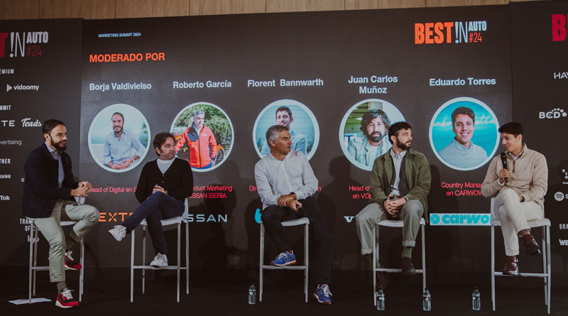 (De izq. a der.) Borja Valdivielso, head of digital en Exte; Juan Carlos Muñoz, head of marketing de Volvo Car; Roberto García Gil, head of product marketing PC en Nissan; Florent Bannwarth, director de operaciones en BlaBlaCar; y Eduardo Torres, country manager Spain en Carwow